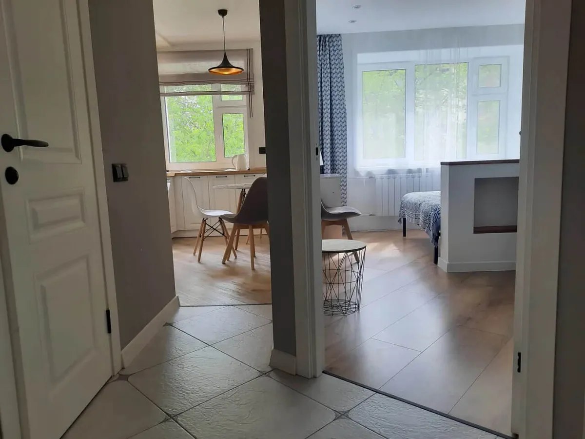 A welcoming view from an open doorway into the kitchen area, with dining chairs visible, a glimpse of the bedroom, and a central dividing wall. The kitchen features a modern pendant light, and the scene suggests a seamless transition between cooking, dining, and relaxing spaces.